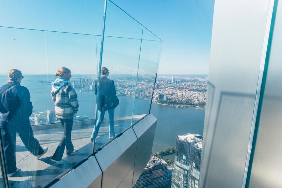 The glass floor of an observation deck high over midtown Manhattan